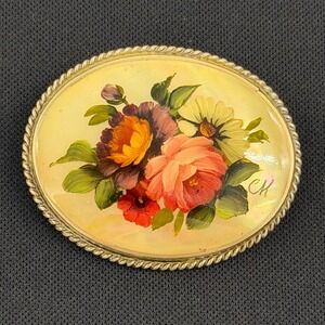 Vintage Hand Painted Floral Brooch Reverse Painted Glass Gold Tone Frame